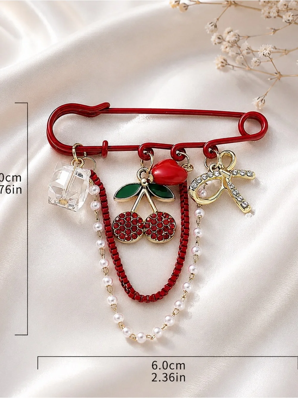 Multi Charm Red Safety Pearl Pin Brooch